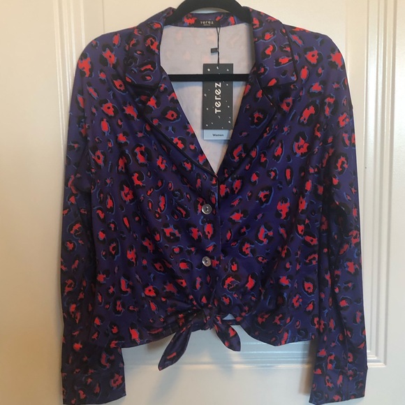 Terez Electric Cheetah Tie-Front Button Down Top - Picture 5 of 16